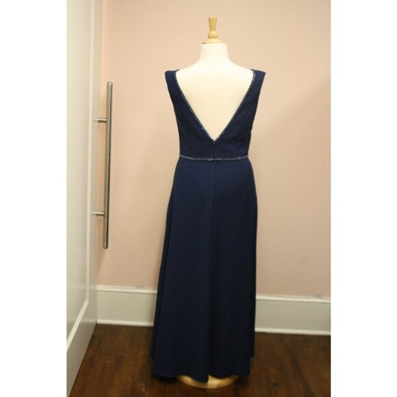 Long Crepe Navy Dress with Beaded Neckline & Waist Size 18 - Picture 4 of 11